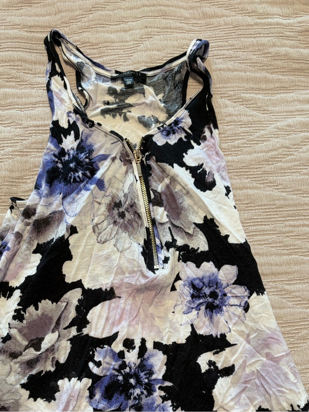 Dynamite Black and Lavender Floral Zip Tank